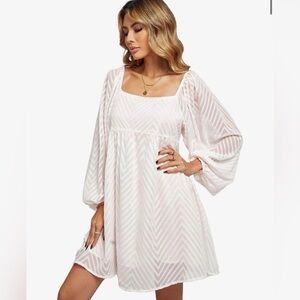 Shirred Ruffle Long Sleeve Mini Dress (S)